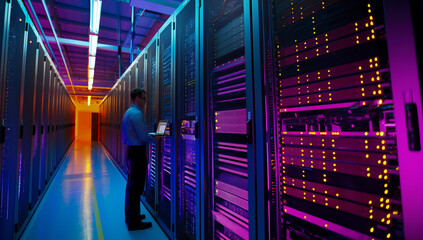 It worker analyzes data while standing next to server cabinets in modern data center