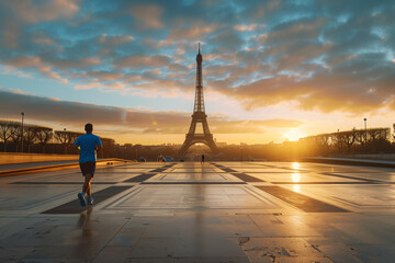 Runner in blue shirt enjoys sunrise run with eiffel tower in paris