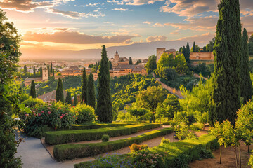Fototapeta premium The serene gardens of the Alhambra in Granada, Spain.