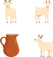 Set of illustrations featuring two goats and a rustic ceramic jug on a white background