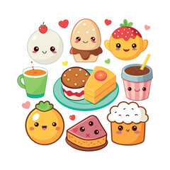 Vector Kawaii Breakfast collection Clipart illustration On a White Background