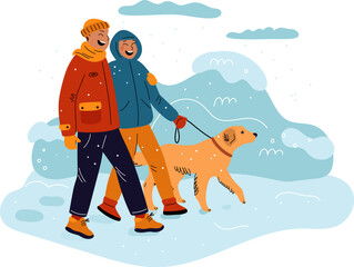 Couple various weather. Romantic walking. Park stroll with pet dog. Guy and girl in love. Winter nature. Cartoon family. Cold season. Warm outerwear. Wintertime snowfall. Vector concept