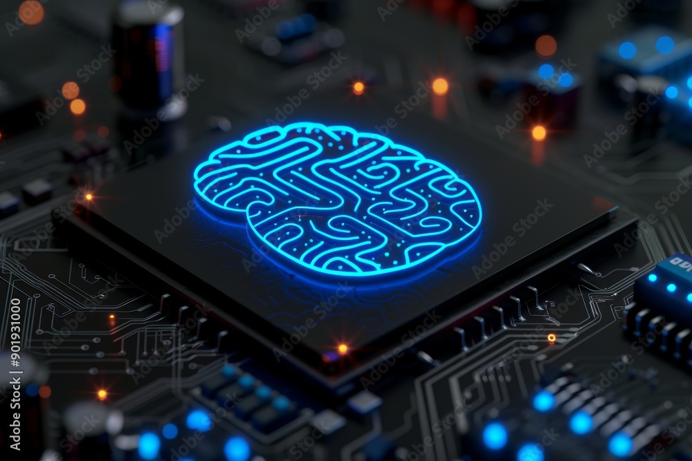 Poster digital brain illustration with glowing blue circuitry representing advanced technology and neural c