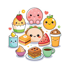 Vector Kawaii Breakfast collection Clipart illustration On a White Background