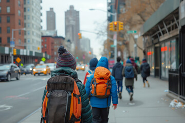 Naklejka premium Children walking to school with backpacks on a sidewalk in new york city