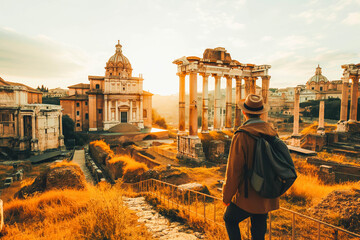 Traveler exploring the ancient ruins of the Roman Forum in Italy.