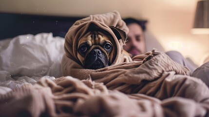 Man Using Pet Calming Blanket to Comfort Dog During Thunderstorm