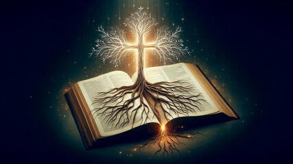 The cross with roots intertwined in the open Bible, the nature of faith, the energy fed by the Holy Scriptures, the living word