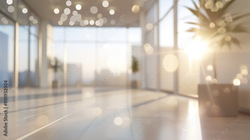 Poster blurred empty open space office abstract light bokeh at office interior background for design, ai ge