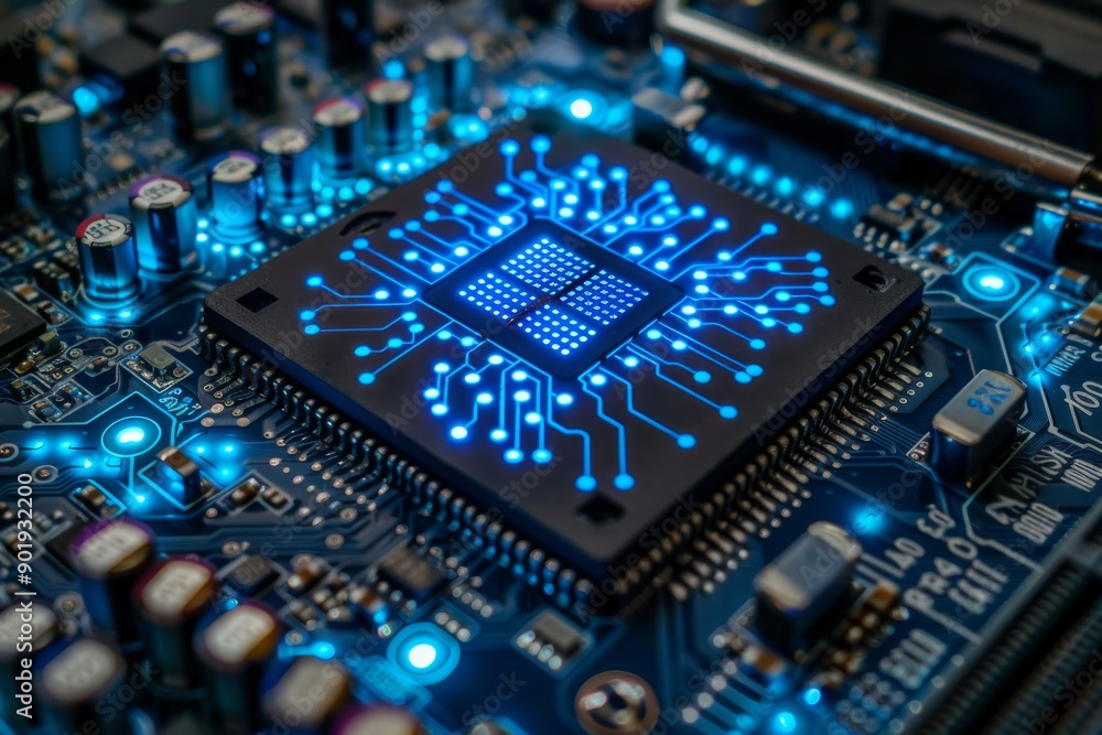 Poster digital brain with blue glowing elements on a circuit board representing advanced technology and con