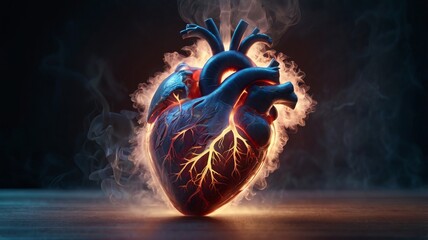 Render a 3D anatomical heart made of dense smoke wisps, with dramatic lighting, contrasting colors, and soaring sparks in the background.






