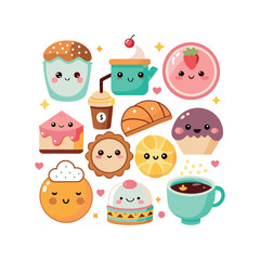 Vector Kawaii Breakfast collection Clipart illustration On a White Background