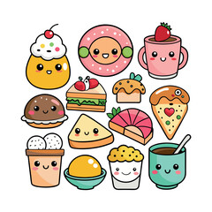 Vector Kawaii Breakfast collection Clipart illustration On a White Background
