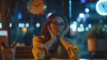 Fototapeta premium Businesswoman with deadline vision, digital marketing concepts, or advertising schedule management in coworking office at night. Happy or inventive late-night tech designer