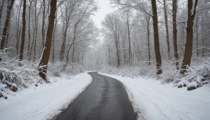 Fototapeta premium A serene winter road curving through snow-covered trees under soft, gray skies
