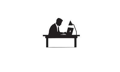Office workplace,Man working on laptop at desk vector logo design black simple flat icon on white background