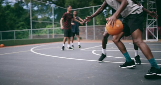 Street basketball game on sport basketball court for outdoor fun, fitness or workout training. Diversity, teamwork and exercise for friends, people or basketball player in club competition or match