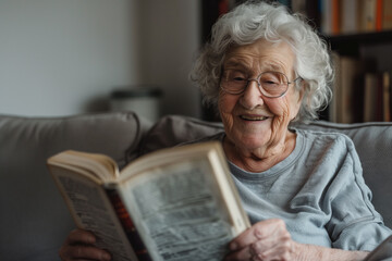 Elderly woman enjoys reading a book while relaxing on sofa in modern apartment