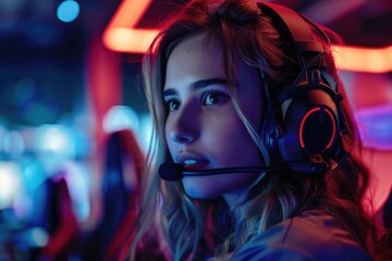 Woman listening music in dark room