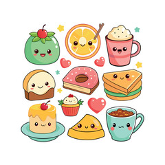 Vector Kawaii Breakfast collection Clipart illustration On a White Background