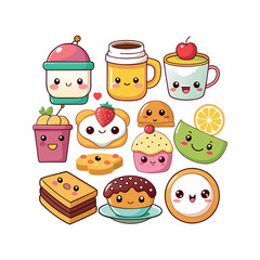 Vector Kawaii Breakfast collection Clipart illustration On a White Background