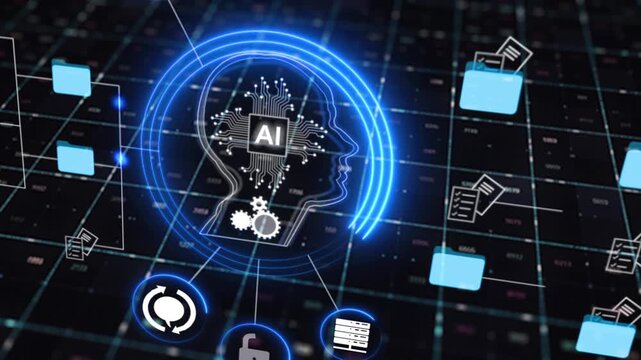 ai futuristic holographic interface of a file manager, folder structure with documents and data scanning, digital document storage software, cloud database, search and manage documents, paperless