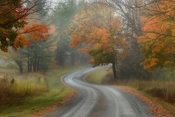 Obraz premium Scenic winding road leading to school surrounded by vibrant autumn foliage