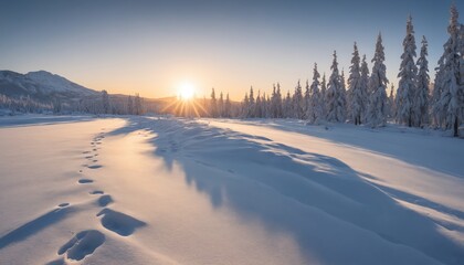 Sunrise over a snow-covered landscape with footprints leading into the wilderness