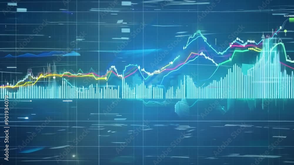 Poster a blue digital screen displaying financial data including a line graph showing market trends, and ba