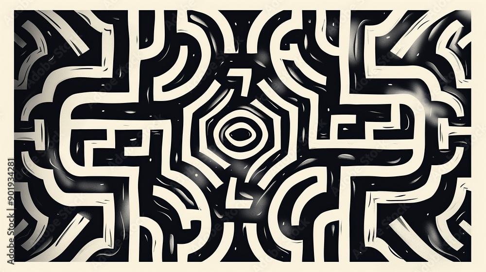 Poster intricate black and white abstract pattern with circular motifs in dynamic shape design