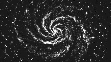 Deep space scene background in stippling style with amazing spiral galaxy and glowing stars cluster in universe. Retro styled dotwork. Pointillism. Noisy grainy shading using dots. Vector illustration © 3d_kot