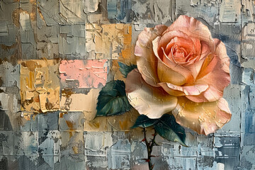 White rose against square shaped oil painting abstract background. Wallpaper cover design.	