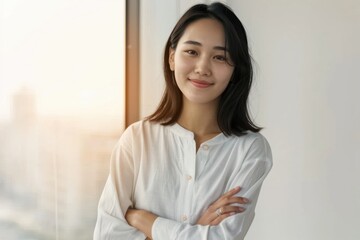 Confident asian businesswoman smiling with folded arms in office