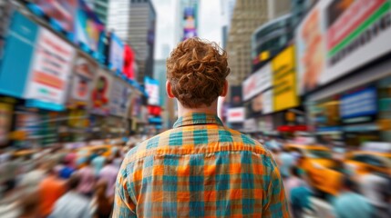 Obraz premium A person stands in Times Square, surrounded by a bustling crowd and vibrant billboards, capturing the city's vibrant energy.