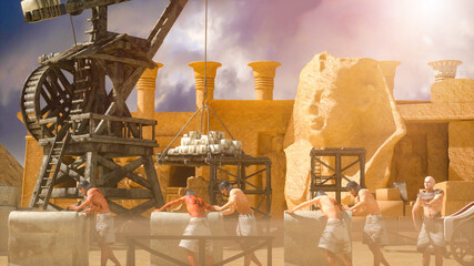 Ancient Egyptians build a pyramid, 3d render