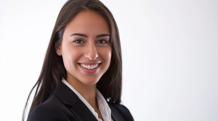 Confident young businesswoman smiles in a professional suit, embodying success and leadership. Perfect for modern entrepreneurs and managers