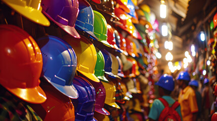Naklejka premium A row of colorful construction helmets is displayed