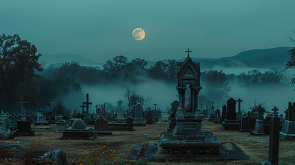 Fototapeta premium A cemetery at night with fog and a full moon