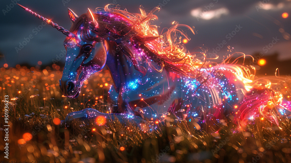 Poster a unicorn with a rainbow mane and tail is laying in a field of grass