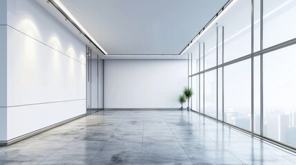 Modern office hall interior with a large window and empty space over the white wall