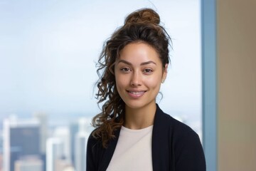 Young lawyer smiling in modern office with city skyline view