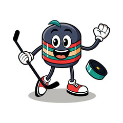 Fototapeta premium Vector Hockey puck comic character with arms, legs, skates and a ice hockey stick Clipart illustration On a White Background