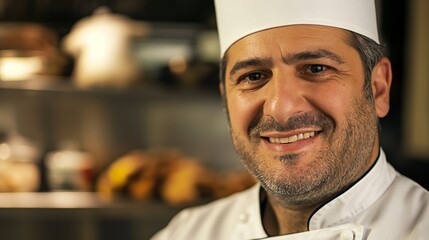 Happy chef in a busy kitchen, preparing a delicious meal with fresh ingredients, exuding confidence and passion