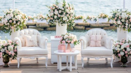 A beautifully arranged floral centerpiece sits on a white outdoor couch, surrounded by lush greenery and a peaceful lake view in bright daylight