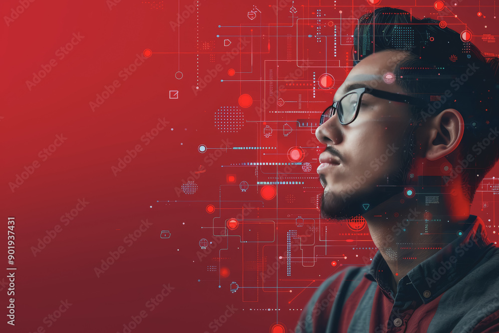 Poster a professional man analyzing data trends with expertise against a solid ruby background.