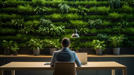 Person at a minimalist desk in an office, looking at a vibrant living wall, showcasing the focus on mental health and environmentally friendly workplace design