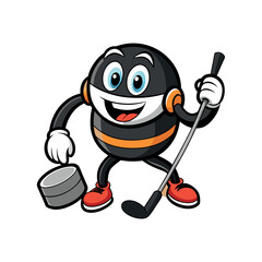Vector Hockey puck comic character with arms, legs, skates and a ice hockey stick Clipart illustration On a White Background
