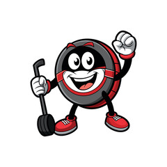 Vector Hockey puck comic character with arms, legs, skates and a ice hockey stick Clipart illustration On a White Background