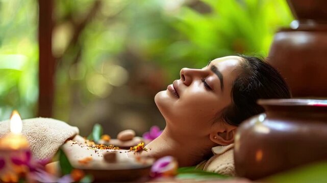 a serene woman with her eyes closed, lying on a massage table surrounded by candles, flowers, and spa elements