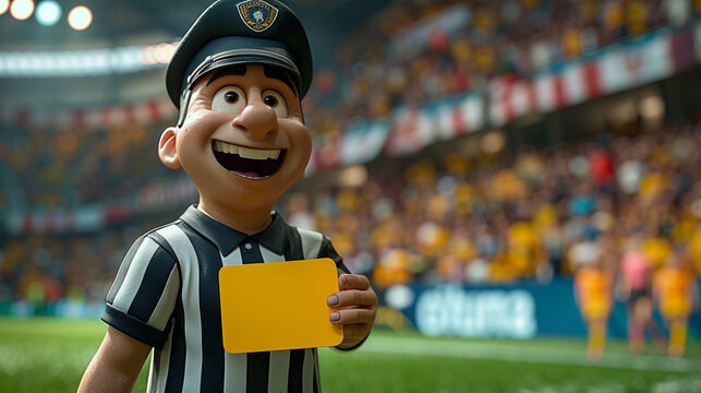 A cartoon referee holding a yellow card in front of a crowd